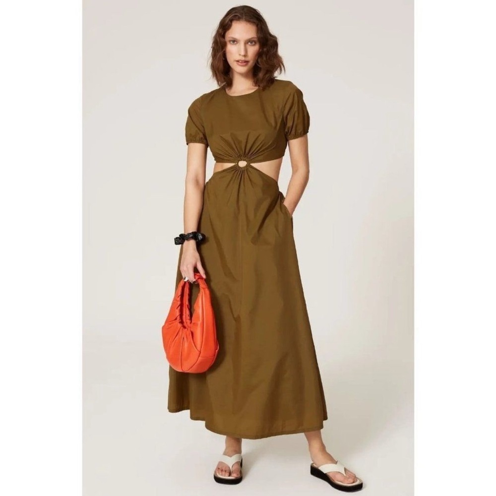 Staud Calypso Cut Out Waist Olive Green Brown Maxi Dress Size Small